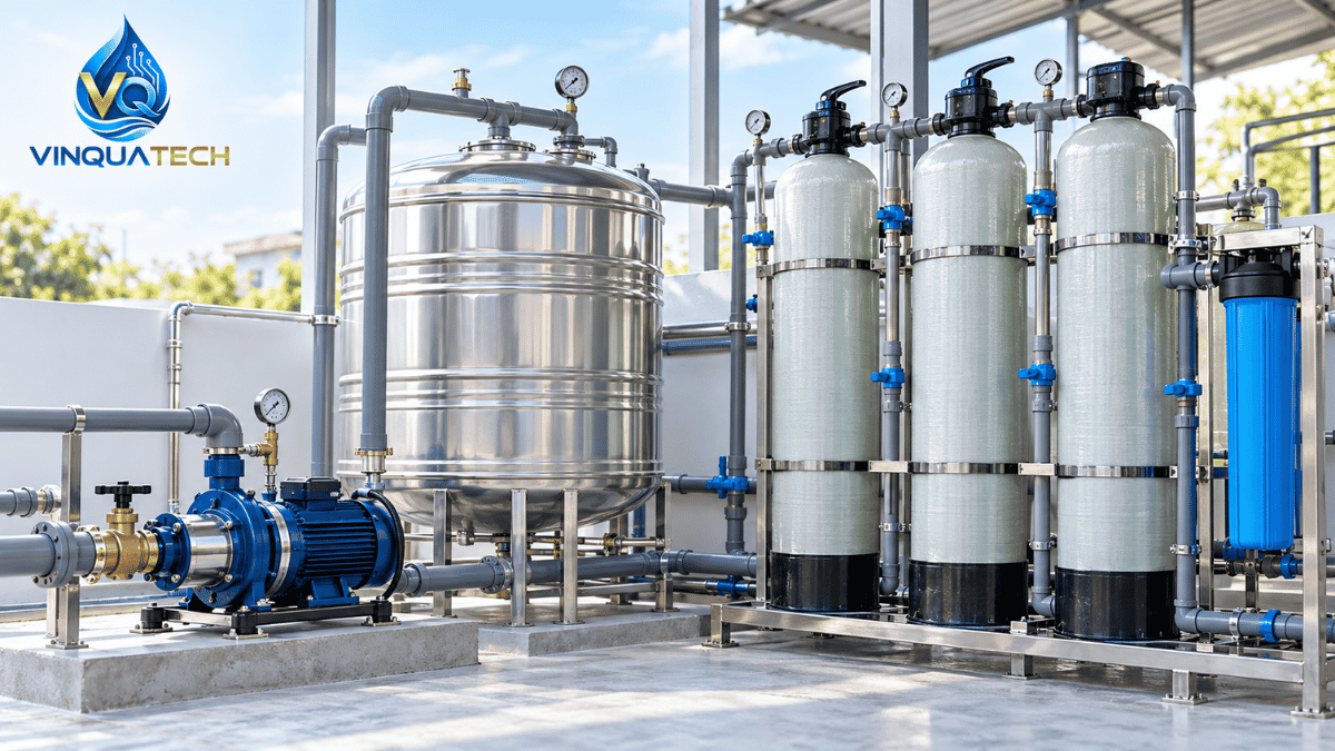 Hệ thống xử lý nước giếng khoan gồm bơm, cột lọc và đường ống
