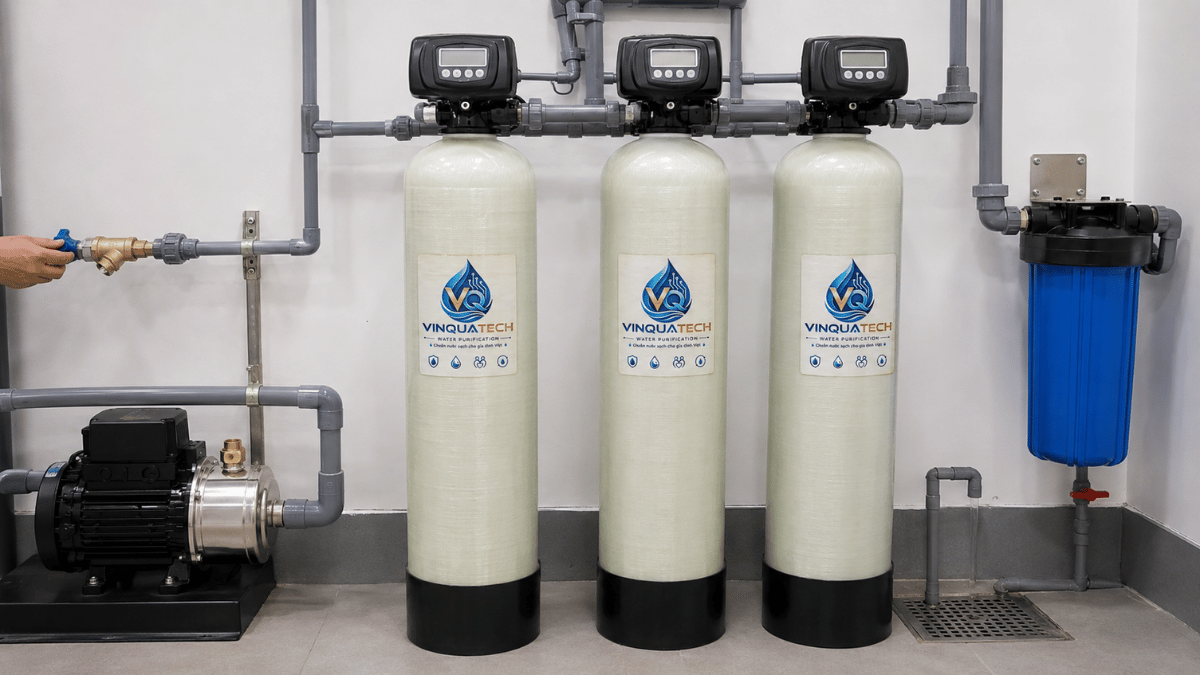 Hệ thống cột lọc nước đầu nguồn với van, đường ống và khu vực bảo trì