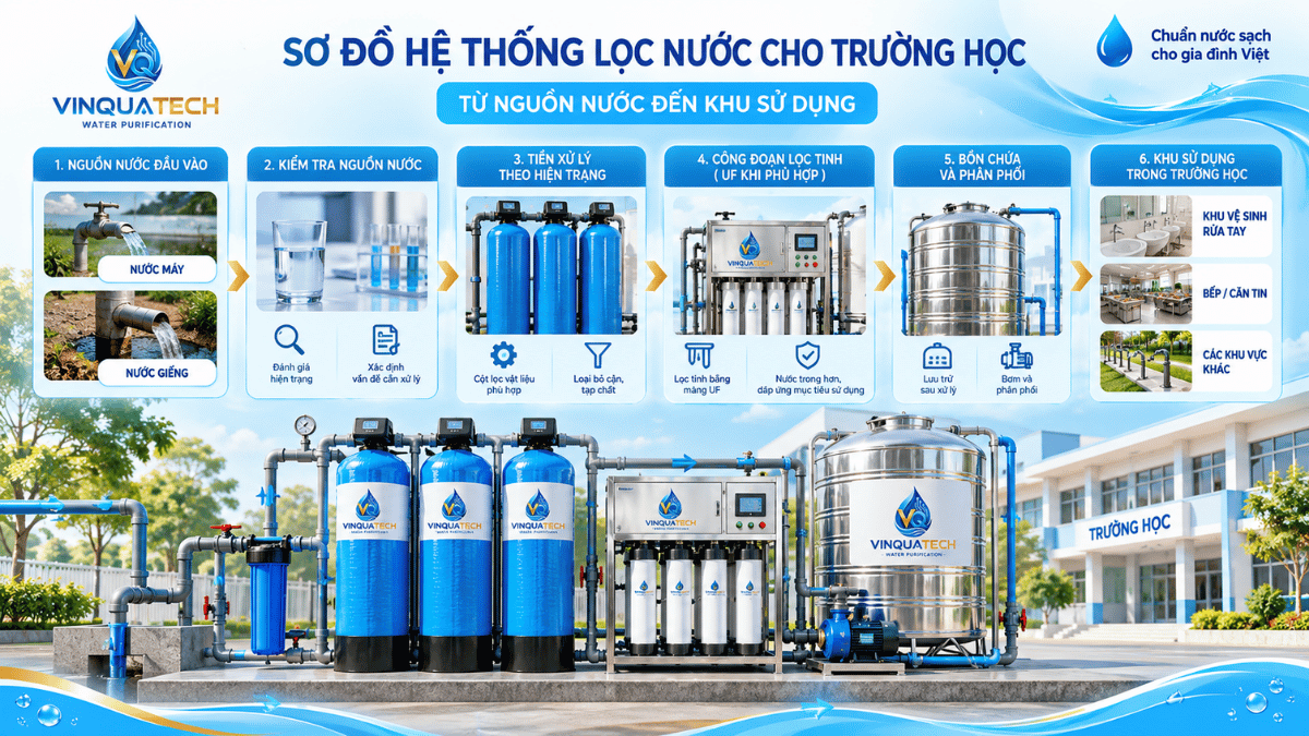Sơ đồ hệ thống lọc nước trường học từ nguồn nước đến tiền xử lý và UF