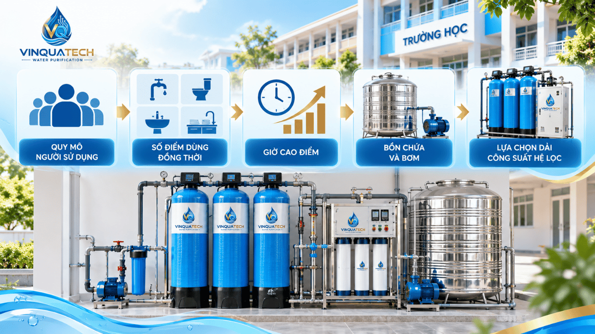 Sơ đồ xác định công suất lọc nước trường học theo giờ cao điểm bồn chứa và bơm