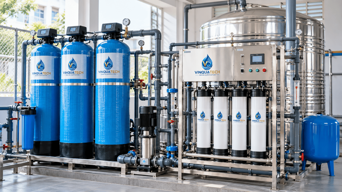 Hệ thống lọc nước cho trường học gồm cột lọc bơm bồn chứa và đường ống