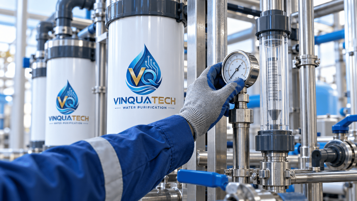Kỹ thuật viên kiểm tra áp lực và lưu lượng trước hệ UF