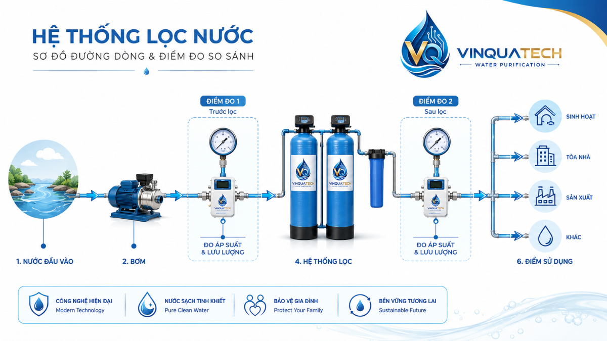 Sơ đồ kiểm tra áp lực và lưu lượng trước và sau hệ thống lọc tổng