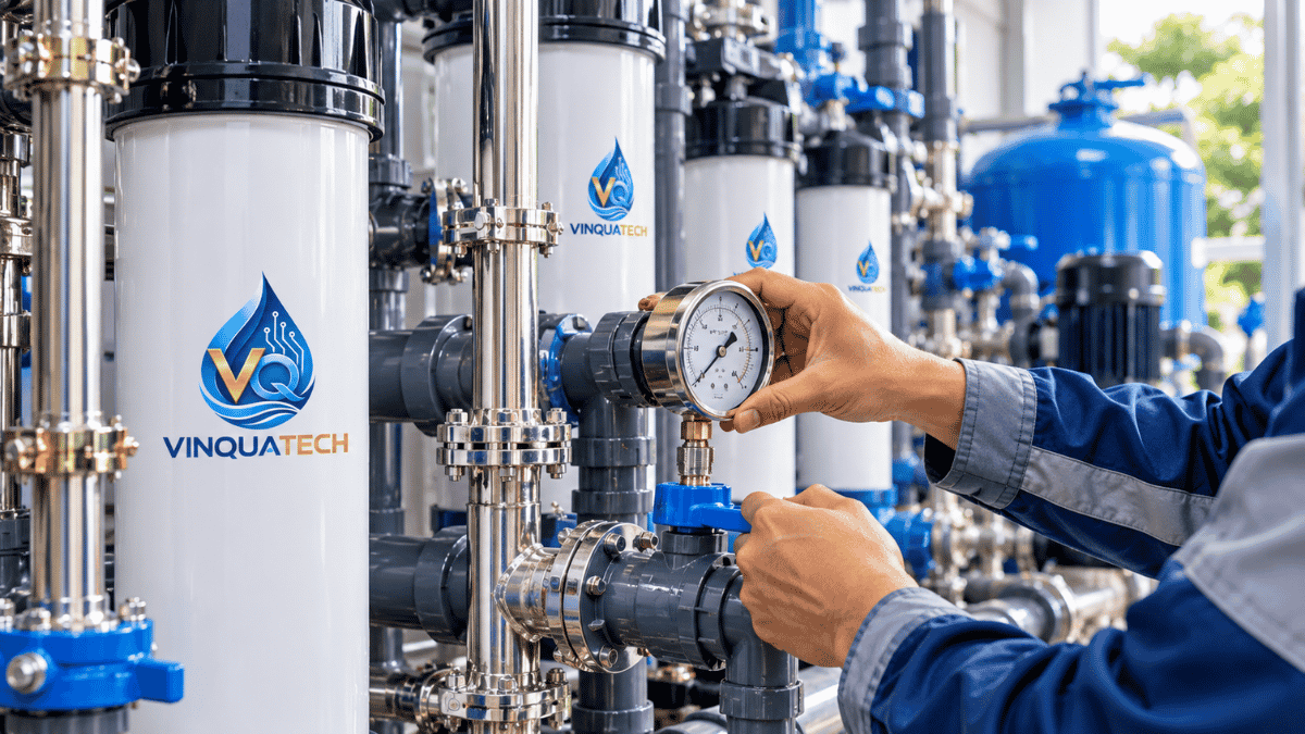 Kỹ thuật viên kiểm tra module màng UF PVDF và hệ thống đường ống