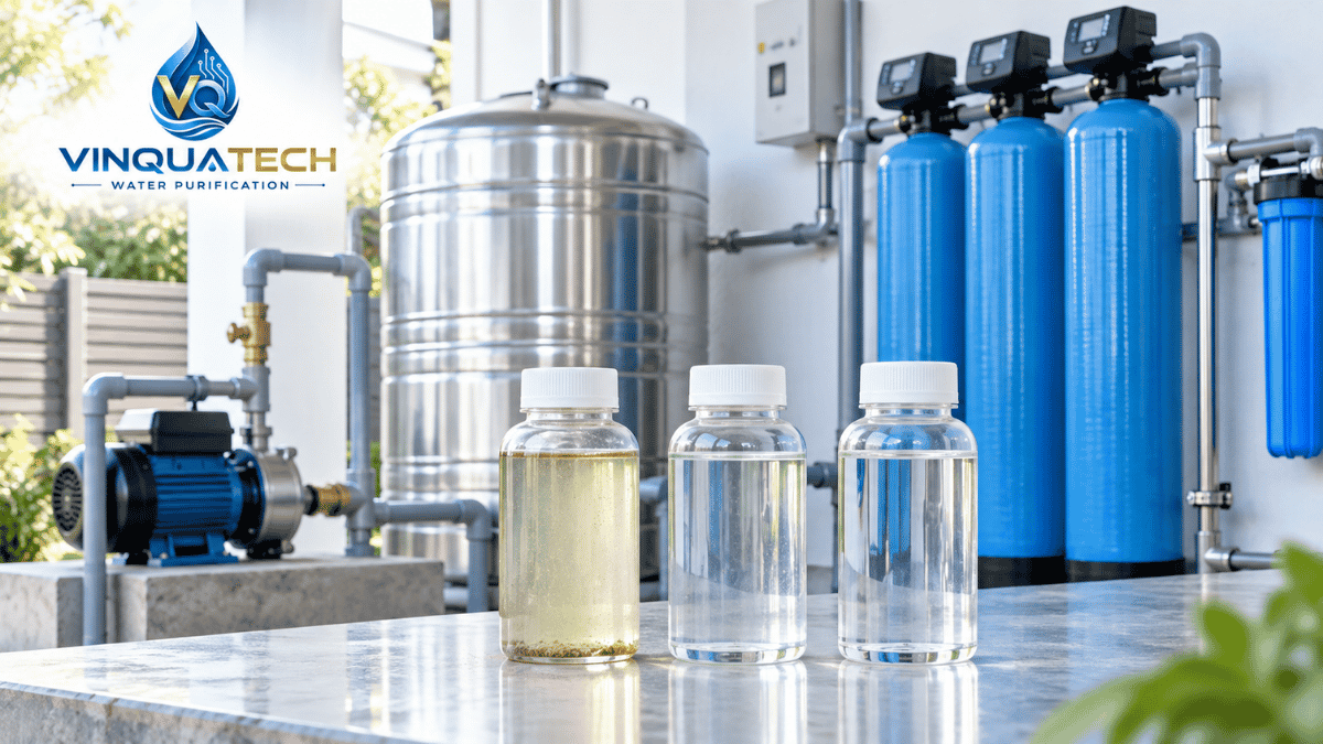 So sánh mẫu nước giếng trước bồn sau bồn và sau hệ lọc