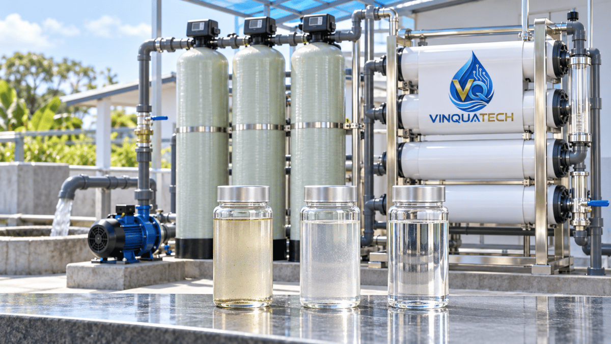 Các mẫu nước được kiểm tra trước và sau hệ tiền xử lý UF