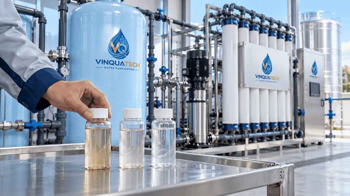 Kỹ thuật viên kiểm tra mẫu nước giếng trước khi chọn hệ UF