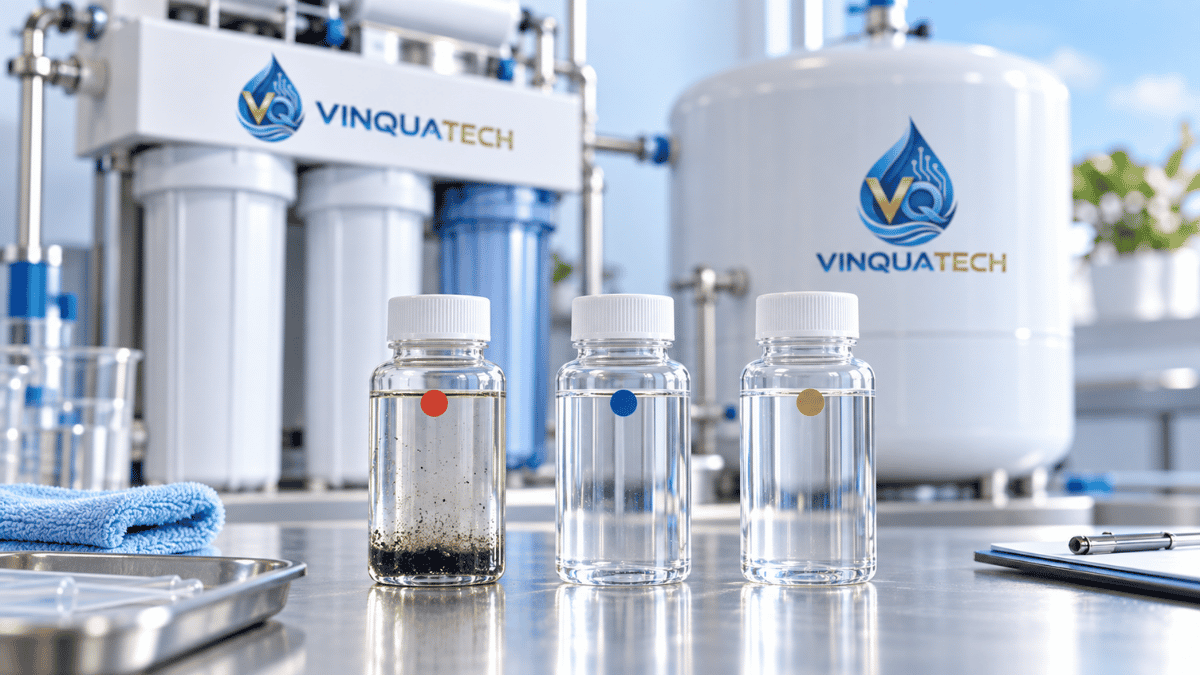 Các chai mẫu nước lấy tại đầu giếng sau bồn và sau hệ lọc để kiểm tra cặn đen