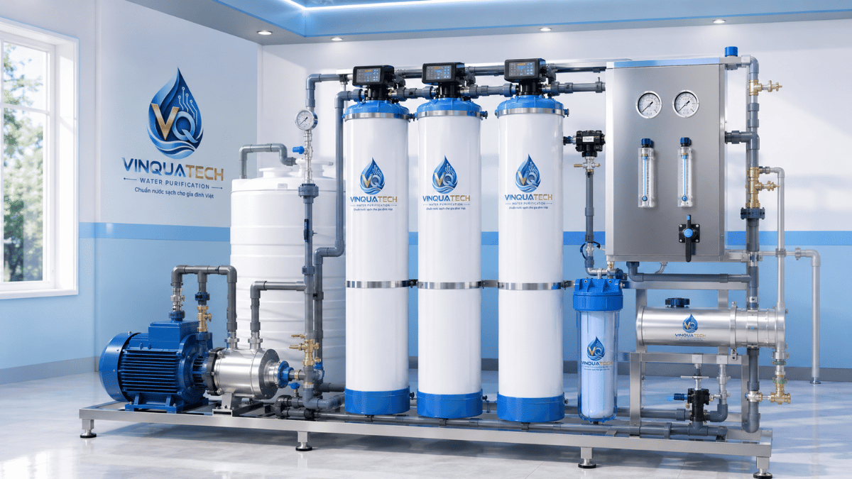 Hệ thống lọc nước đầu nguồn gồm bơm, đường ống, van và cột lọc