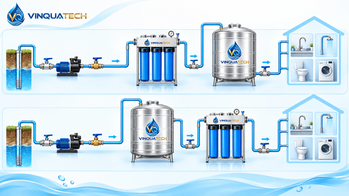 Sơ đồ so sánh hệ lọc đặt trước bồn chứa và hệ lọc đặt sau bồn chứa