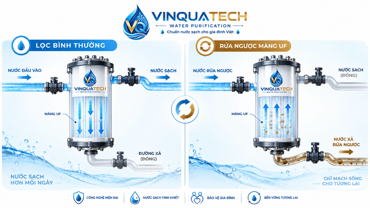 Sơ đồ kỹ thuật dòng nước khi lọc bình thường và khi rửa ngược màng UF