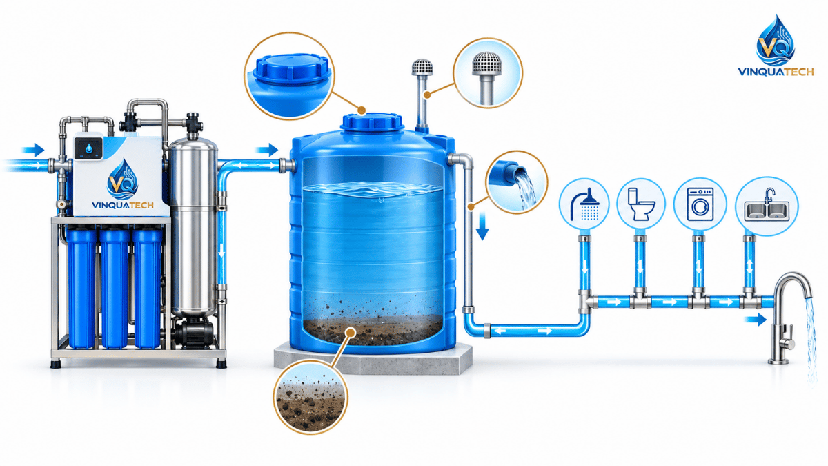 Sơ đồ các vị trí có thể làm nước sau lọc bị bẩn lại trong bồn chứa và đường ống
