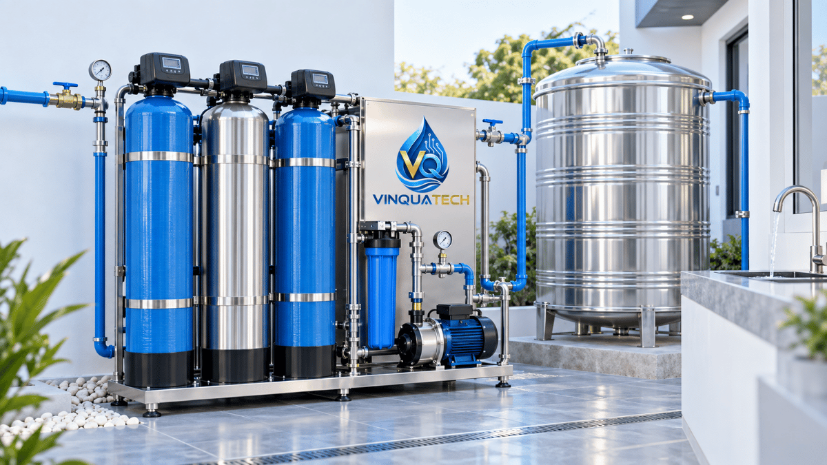 Hệ thống lọc nước đầu nguồn kết nối với bồn chứa và đường ống sử dụng