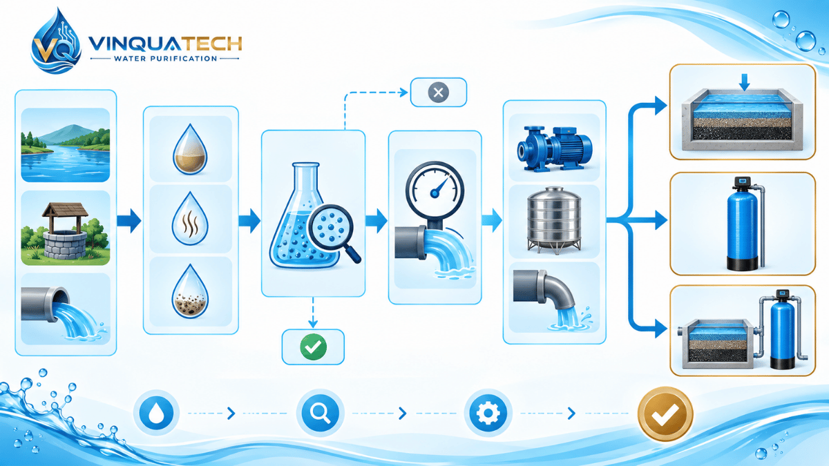 Decision tree chọn cách xử lý nước phèn tại nhà theo nguồn nước và lưu lượng