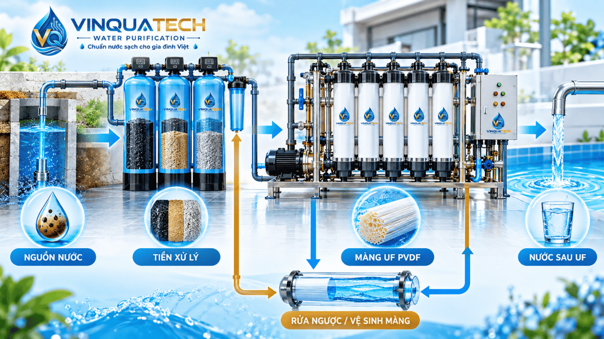 Sơ đồ tiền xử lý nước trước module màng UF PVDF