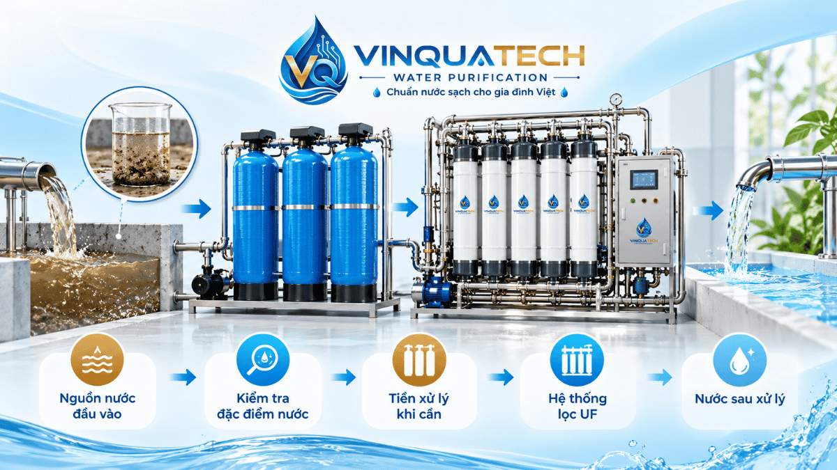 Sơ đồ nguồn nước tiền xử lý và hệ thống lọc UF