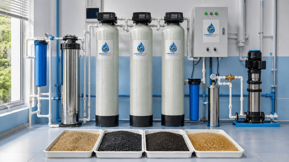 Các loại vật liệu lọc nước đầu nguồn gồm cát, than hoạt tính, vật liệu mangan và hạt cation