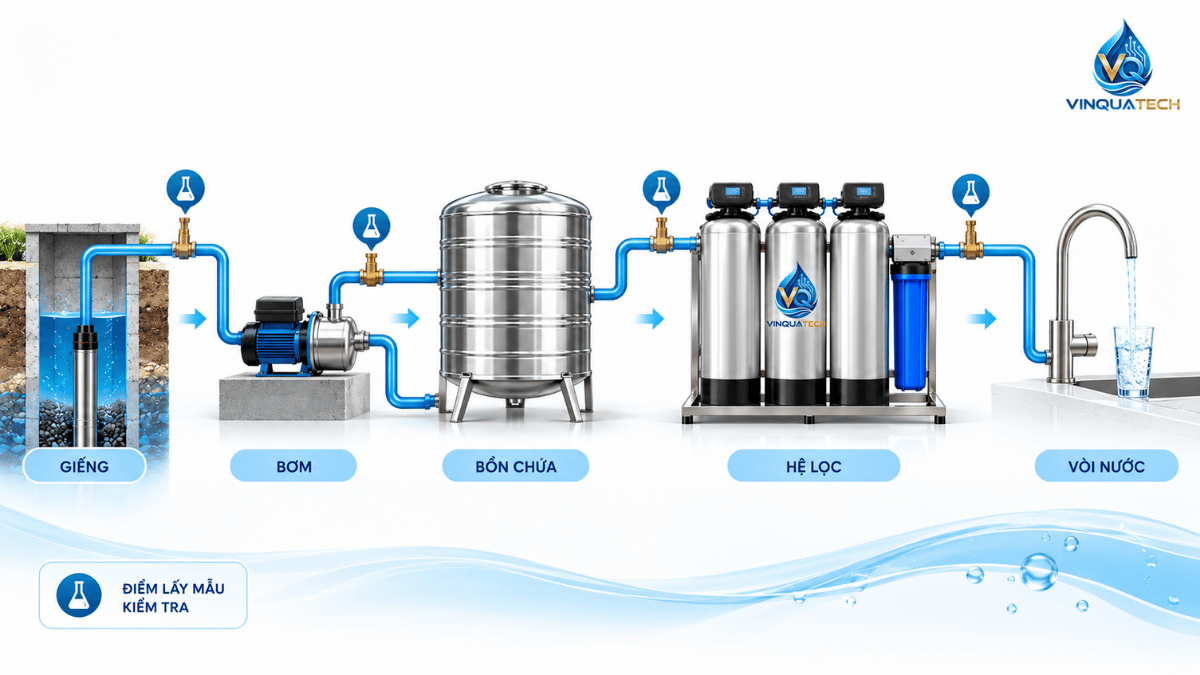 Sơ đồ các vị trí có thể phát sinh cặn đen từ giếng bồn lọc đường ống đến vòi