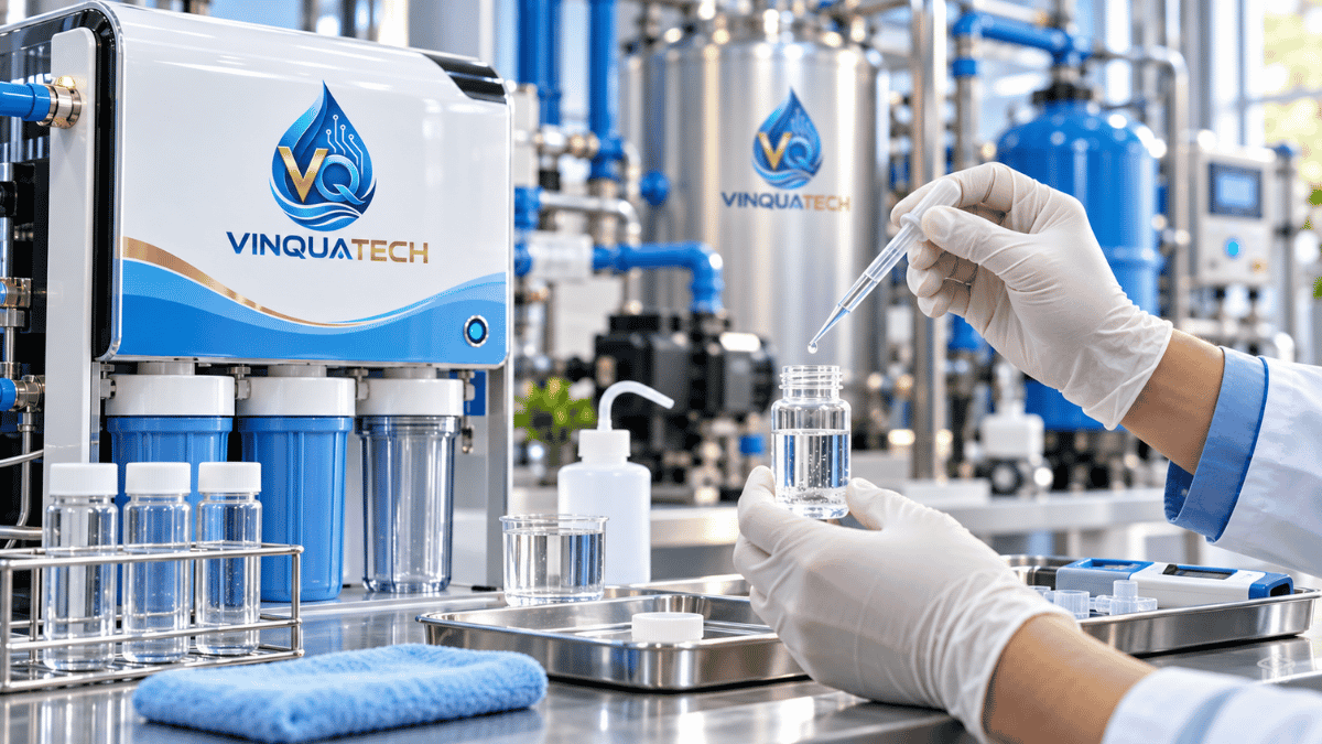 Bàn tay thực hiện bộ test nước tại nhà với mẫu nước trong suốt