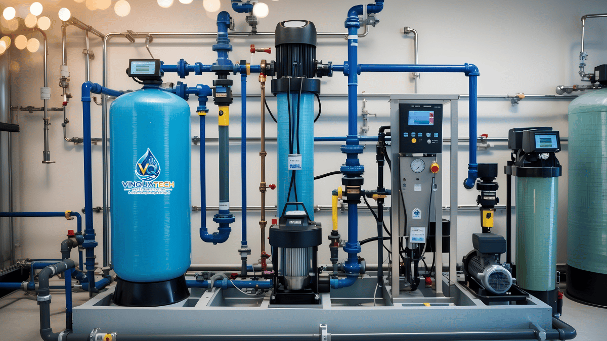 Cụm cột lọc bơm van và đồng hồ áp lực trong hệ thống lọc nước khách sạn