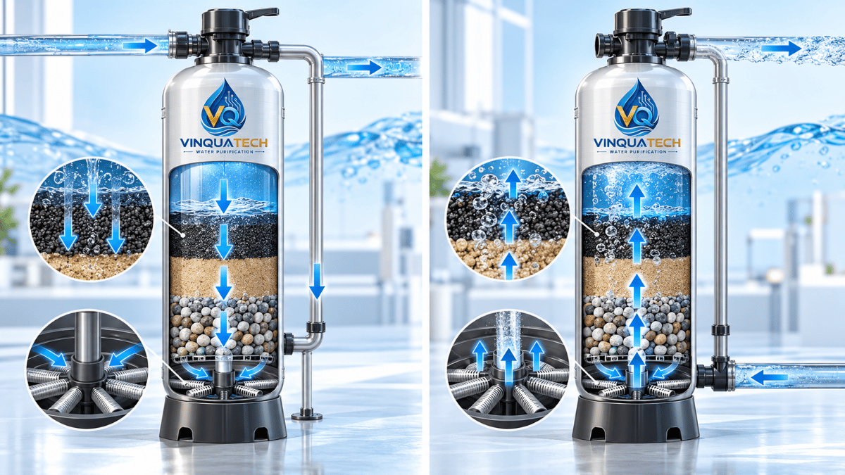 Sơ đồ dòng nước qua vật liệu lọc, sỏi đỡ và bộ thu nước