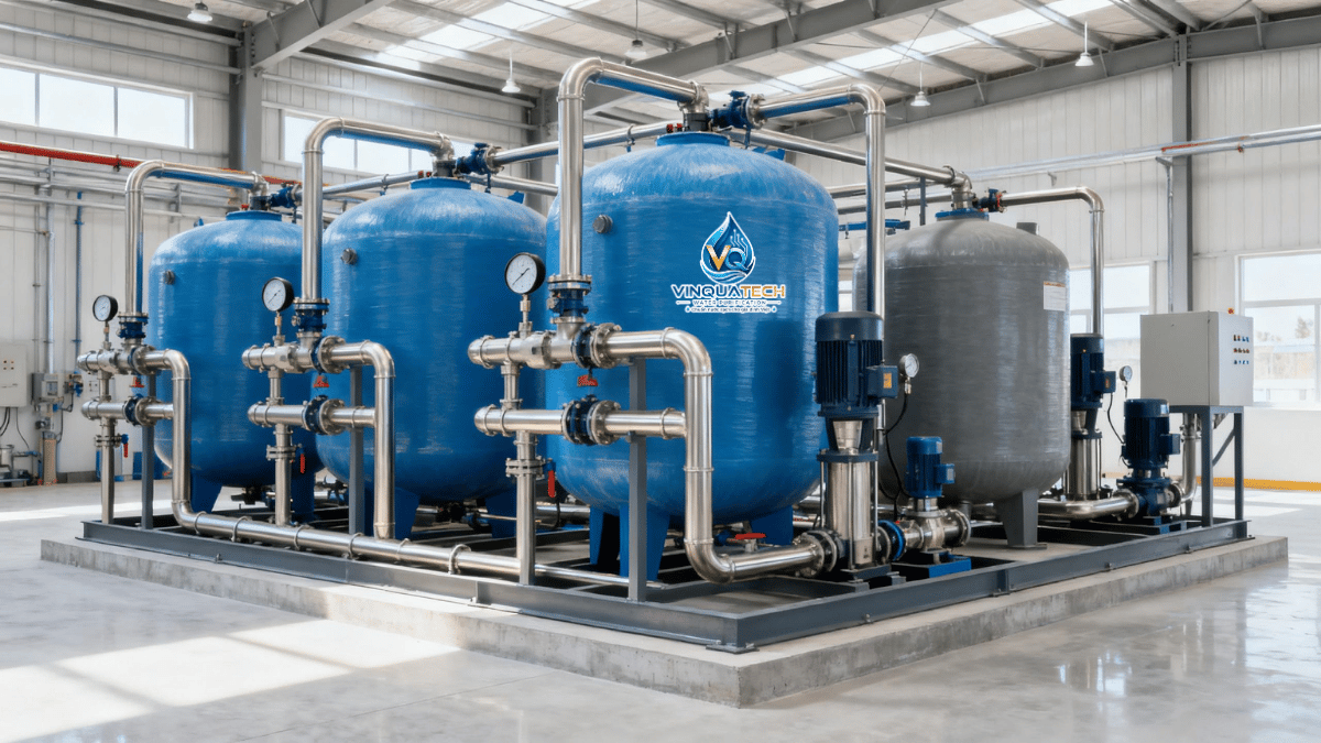 Hệ thống lọc nước đầu nguồn hoàn chỉnh với các cột lọc bơm van và đường ống lắp đặt tại khu kỹ thuật