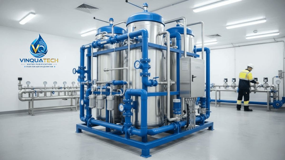 Hệ thống lọc nước đầu nguồn có cột lọc, bơm, van và đường ống tại khu kỹ thuật