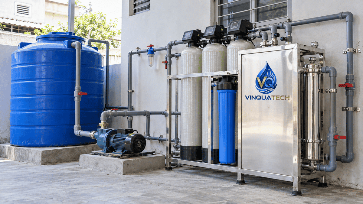 Hệ thống nước giếng khoan tại công trình gồm bơm bồn chứa và đường ống cấp nước