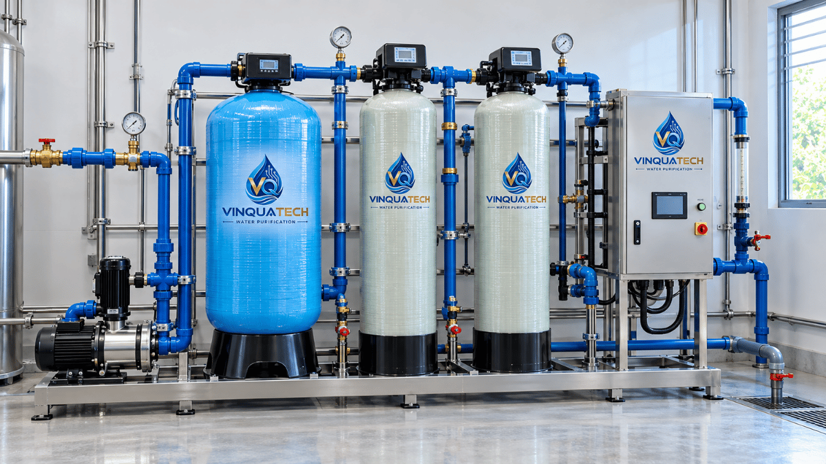 Hệ thống xử lý nước giếng gồm bơm bồn tiếp xúc cột lọc van và đường ống