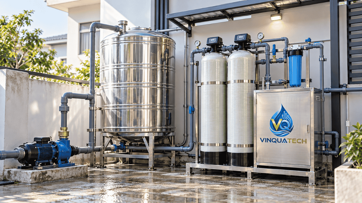 Hệ thống xử lý nước giếng khoan gồm bơm bồn chứa cột lọc và đường ống