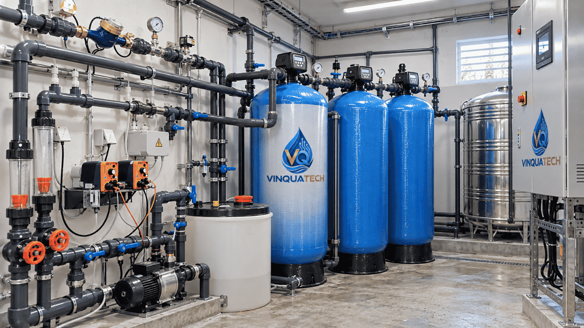 Hệ thống xử lý nước giếng tại công trình gồm bồn tiếp xúc cột lọc bơm và van đường ống