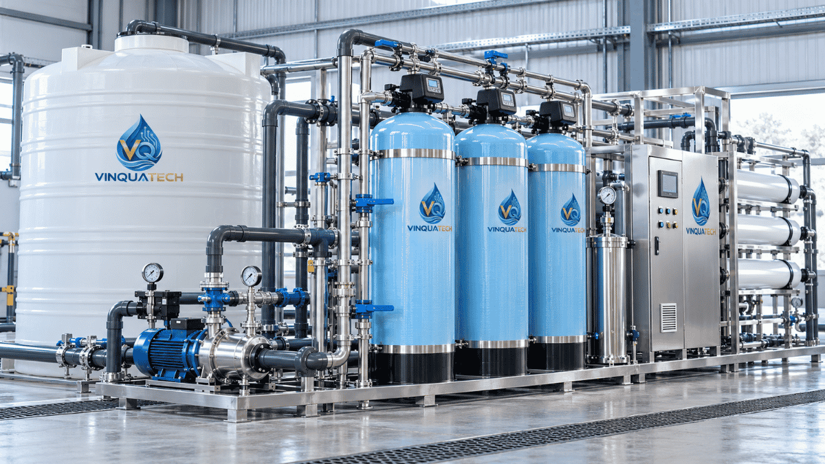 Hệ thống xử lý nước cho nhà xưởng với bơm, cột lọc và đường ống