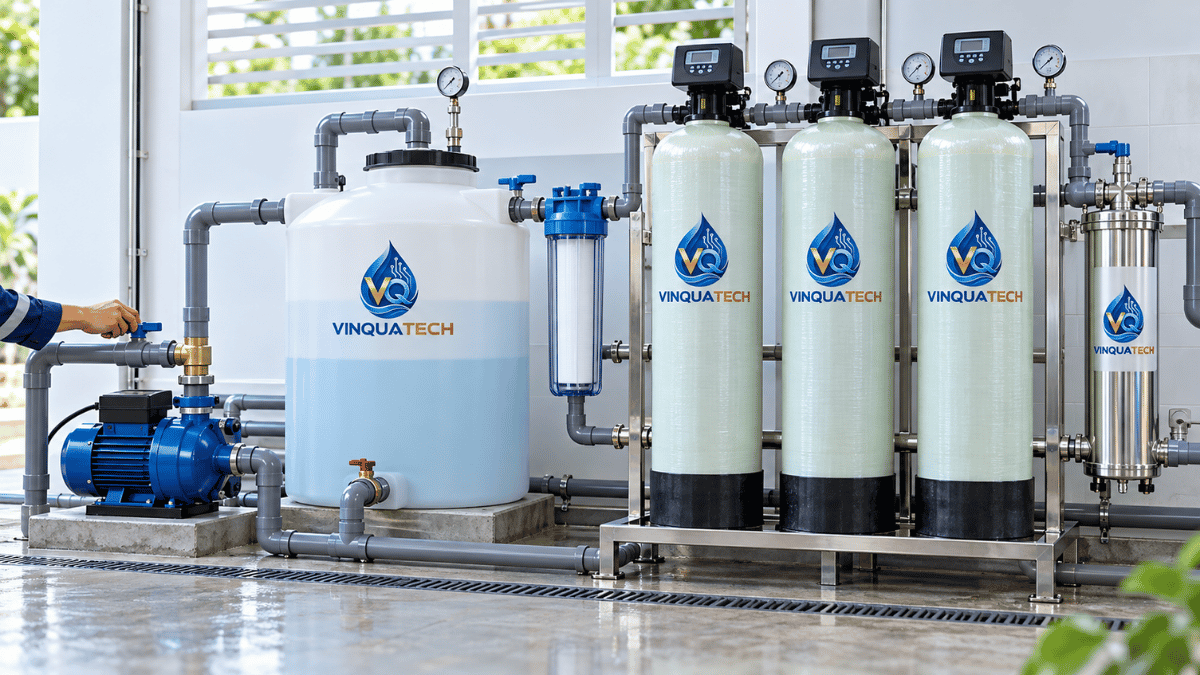 Hệ thống xử lý nước giếng gồm bồn tiếp xúc, cột lọc và đường ống