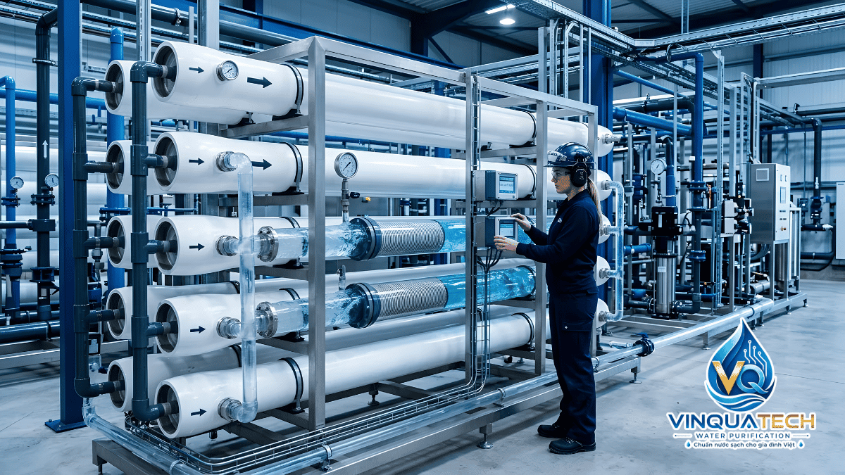 Kỹ thuật viên kiểm tra đồng hồ áp lực và van trên hệ thống lọc UF
