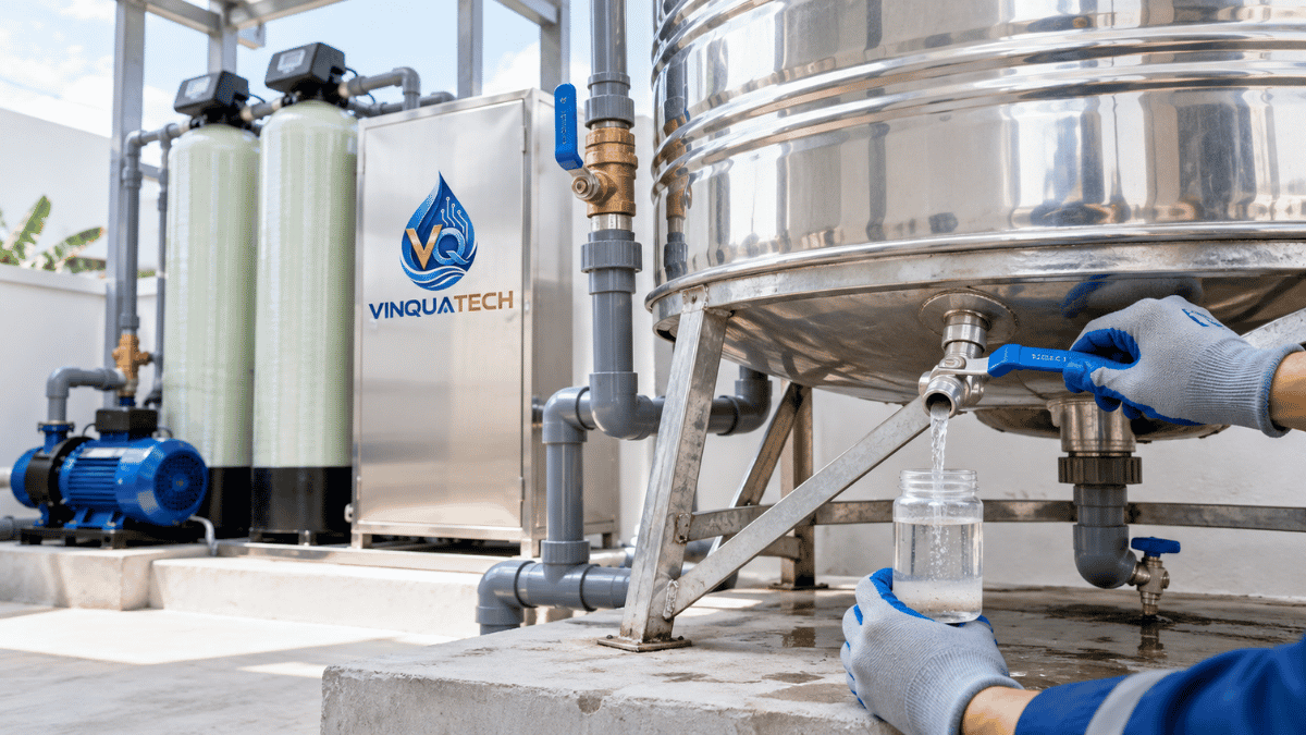 Kiểm tra cột lọc bơm van và đồng hồ áp lực của hệ thống xử lý nước giếng