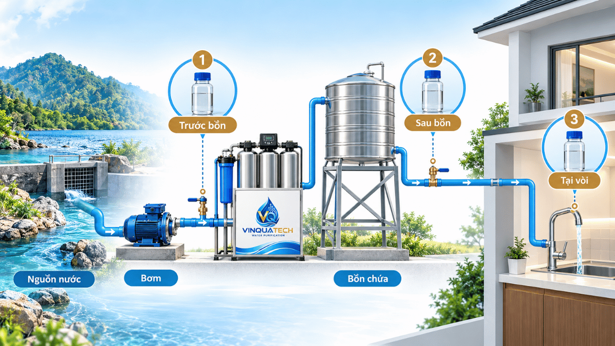 Sơ đồ lấy mẫu nước trước bồn sau bồn và tại vòi để kiểm tra cặn vàng nâu