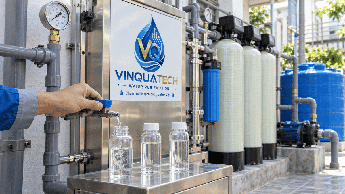 Kỹ thuật viên kiểm tra mẫu nước giếng tại công trình xử lý nước