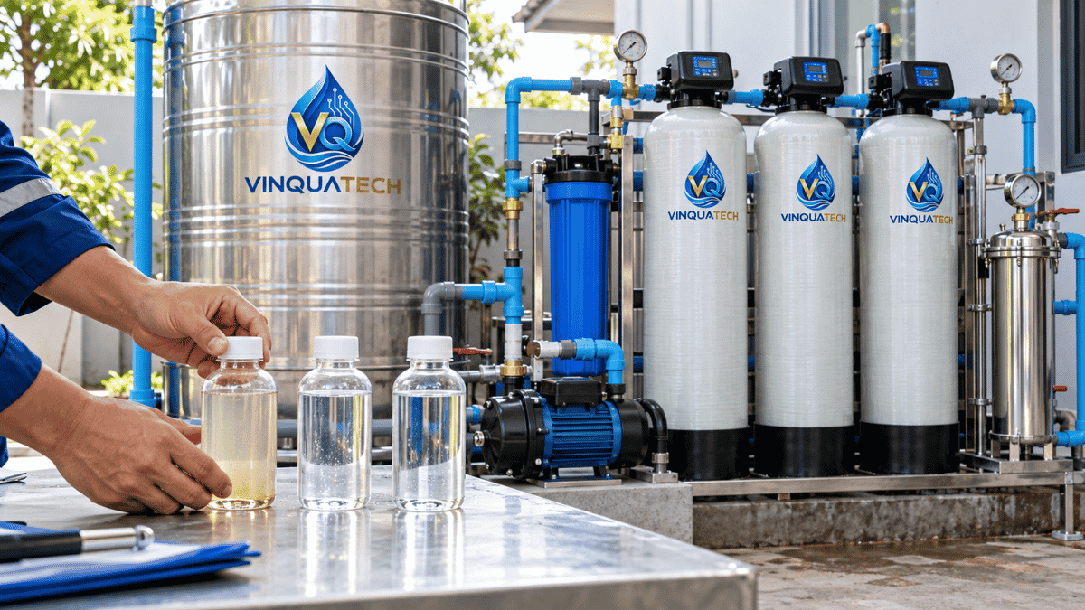 Kỹ thuật viên kiểm tra các mẫu nước tại hệ thống xử lý nước giếng