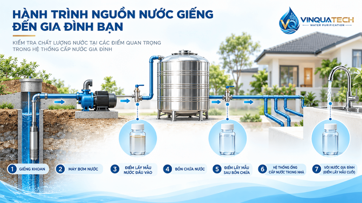 Sơ đồ kiểm tra nước giếng có váng tại đầu giếng sau bồn chứa và vòi sử dụng