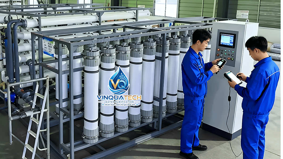 Bàn tay kỹ thuật viên bảo trì van và module màng lọc UF tại khu kỹ thuật