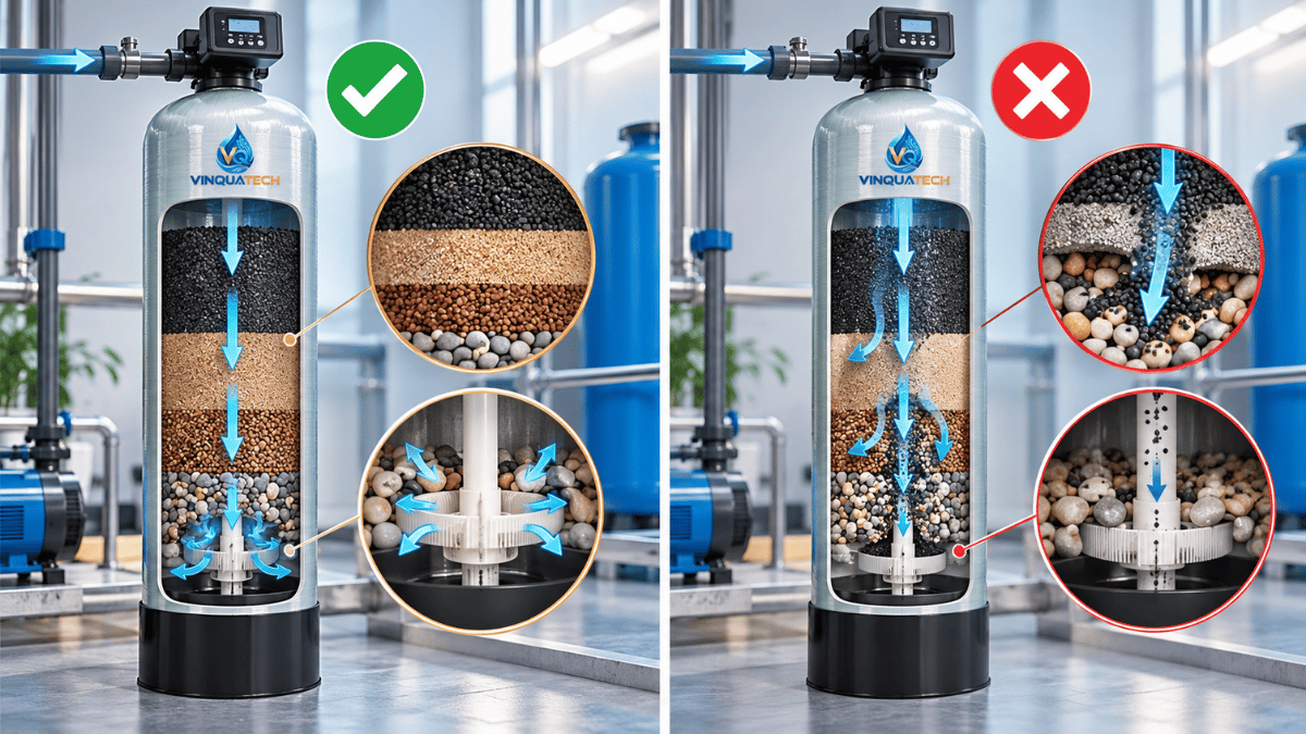 So sánh lớp sỏi đỡ bố trí phù hợp và không phù hợp trong cột lọc nước