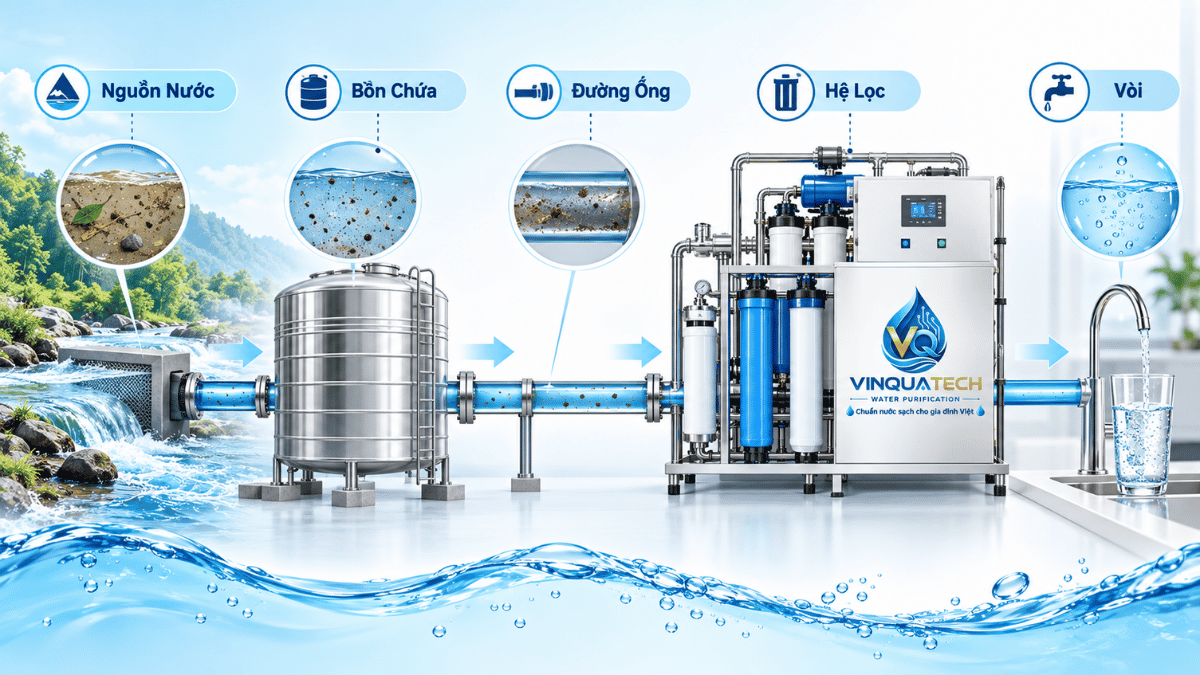 Sơ đồ các vị trí có thể phát sinh cặn và độ đục trong hệ thống cấp nước
