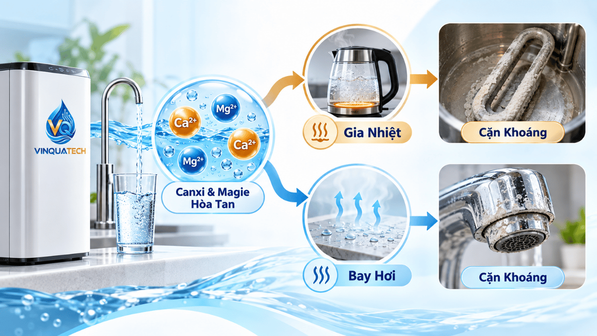 Minh họa canxi magie hòa tan và quá trình hình thành cặn khi nước được gia nhiệt