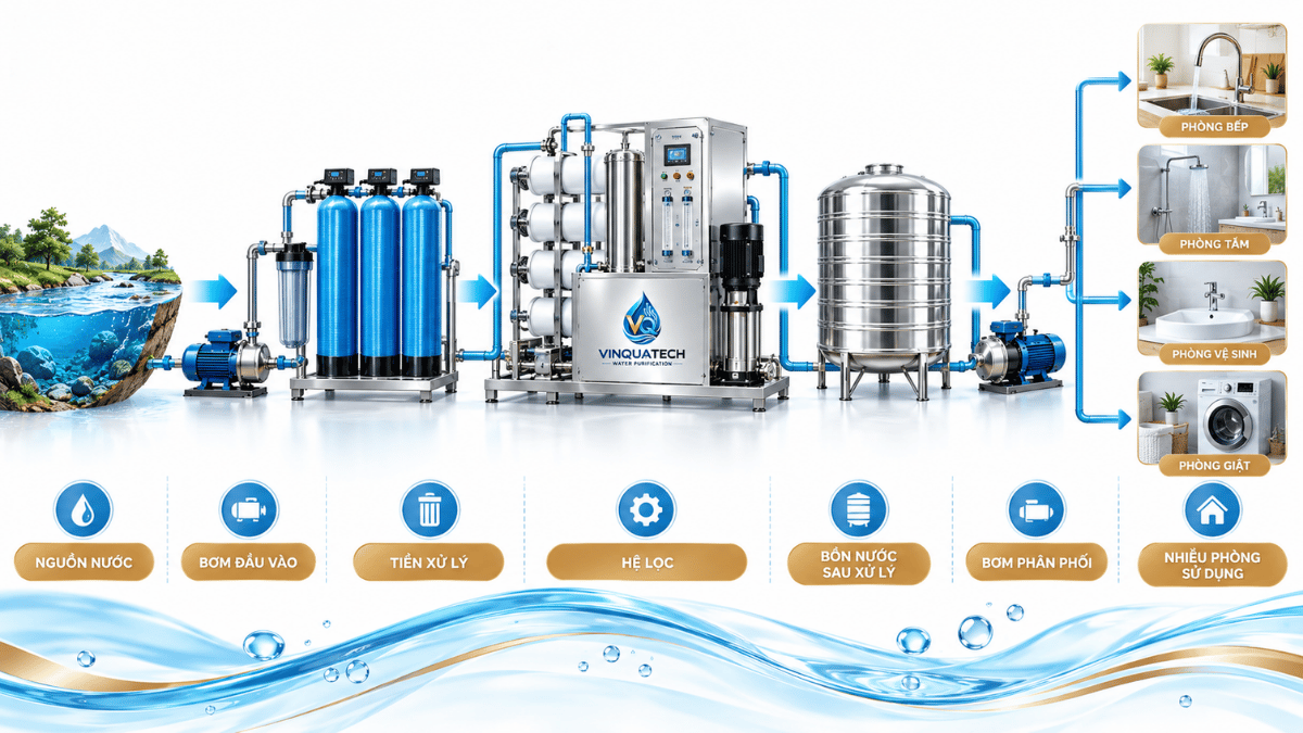 Sơ đồ hệ thống lọc tổng cấp nước cho nhà trọ và chung cư mini