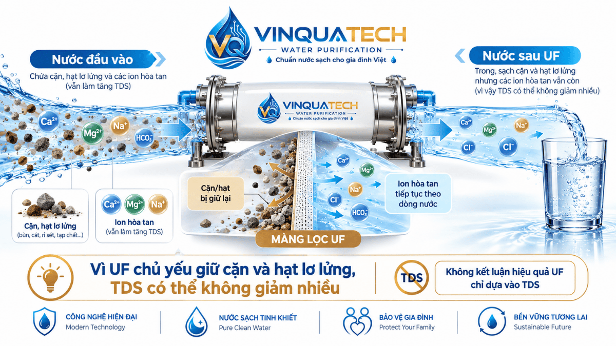 Minh họa TDS trước và sau hệ UF cùng các chất hòa tan đi qua màng