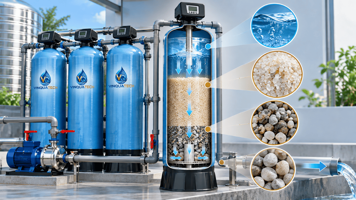 Mặt cắt cột lọc nước thể hiện lớp cát thạch anh, sỏi đỡ và bộ phân phối nước
