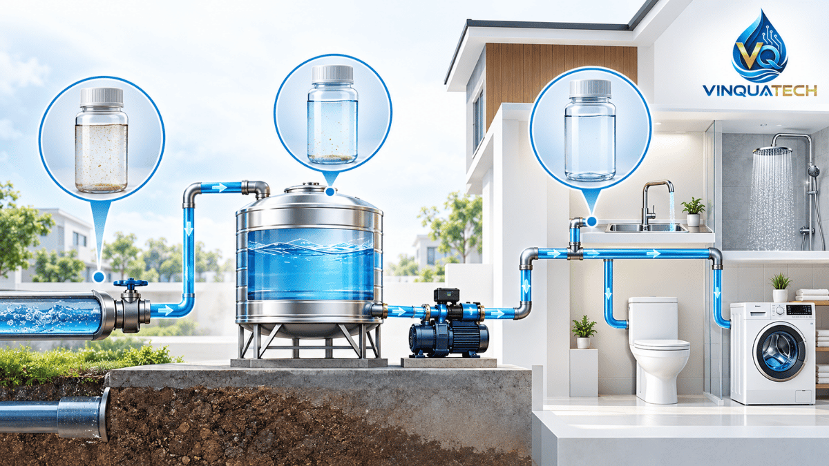 Sơ đồ kiểm tra cặn trong nước từ nguồn bồn chứa đường ống đến vòi