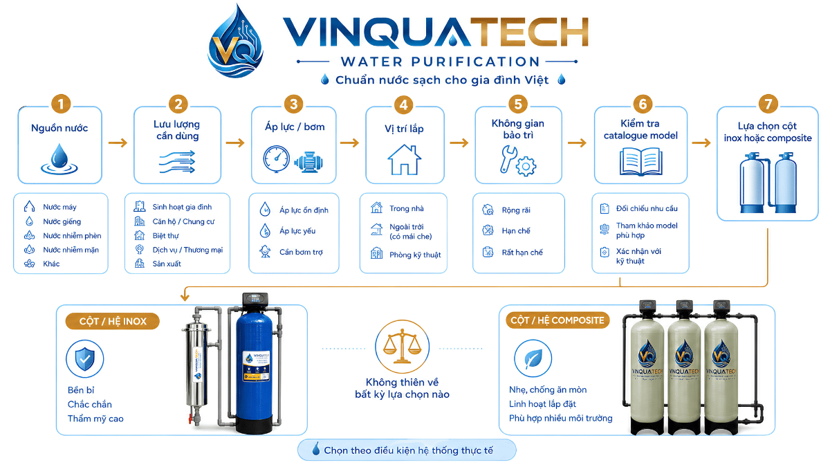 Checklist chọn cột lọc inox hoặc composite cho hệ thống lọc đầu nguồn