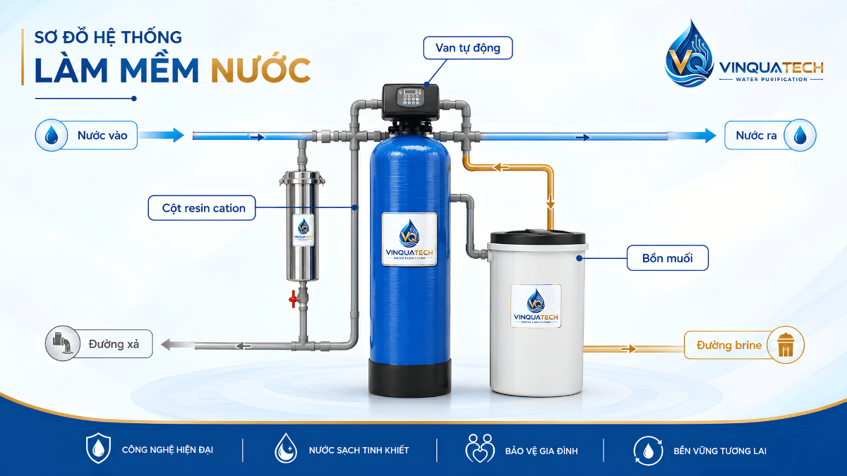 Cấu tạo hệ thống van làm mềm tự động, cột cation và bồn muối