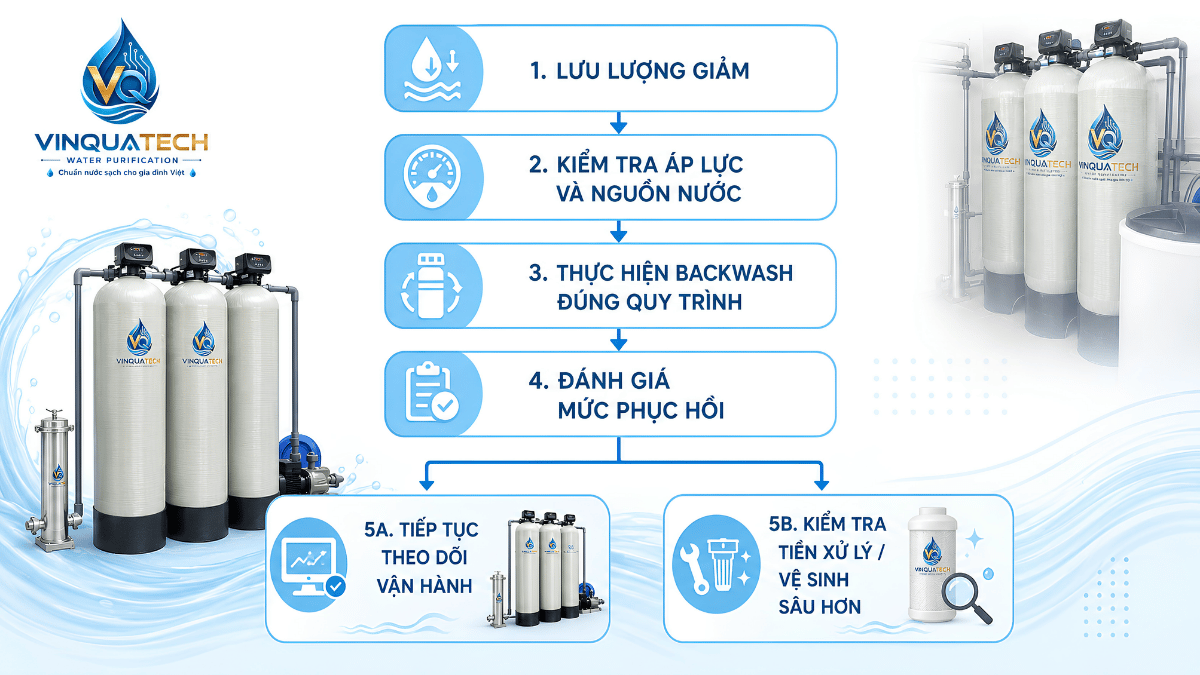 Sơ đồ quyết định khi nào rửa ngược và khi nào cần kiểm tra vệ sinh màng UF